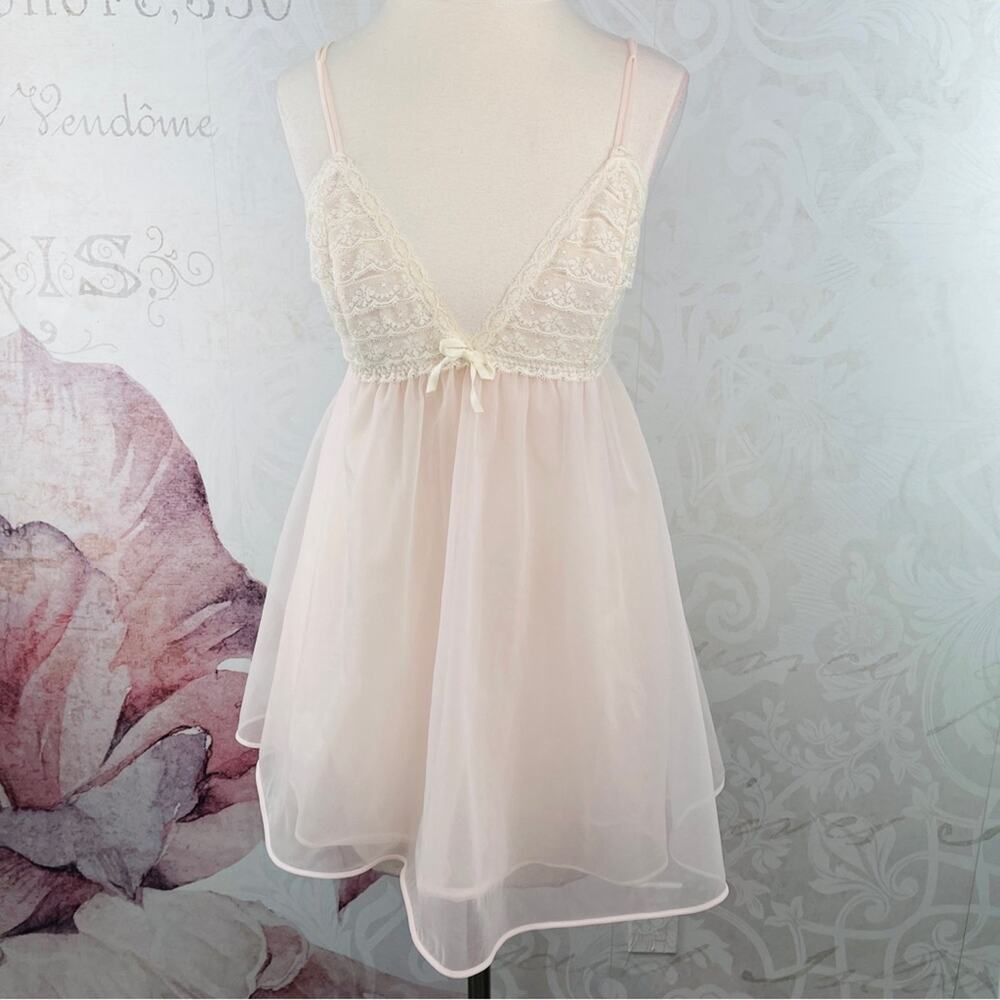 Vintage Negligee Nighty Sheer Soft Pink with Off White Lace